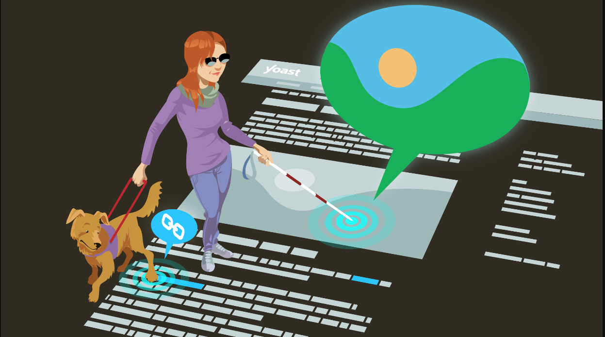 A blind woman holding a dog on a leash finding her way though a website and pointing at the image in the middle of the site.