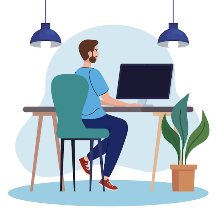 A clipart of a man sitting at a desk using a computer