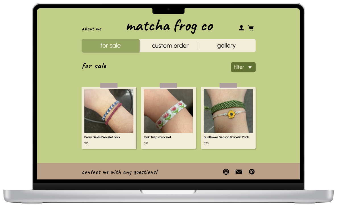 Screenshot of Matcha Frog Co Figma interface. Shows homepage featuring 3 embroidery bracelets. One has stripes and the other two have flowers.