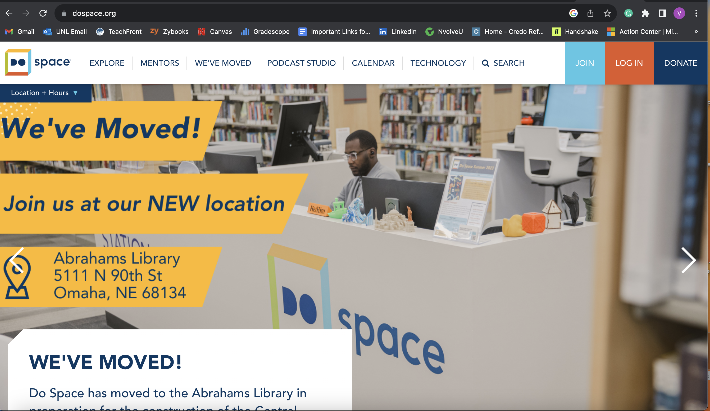 DoSpace website front page. Says: Weve moved! Join us at our new location. Features a man sitting at a front desk with computers.