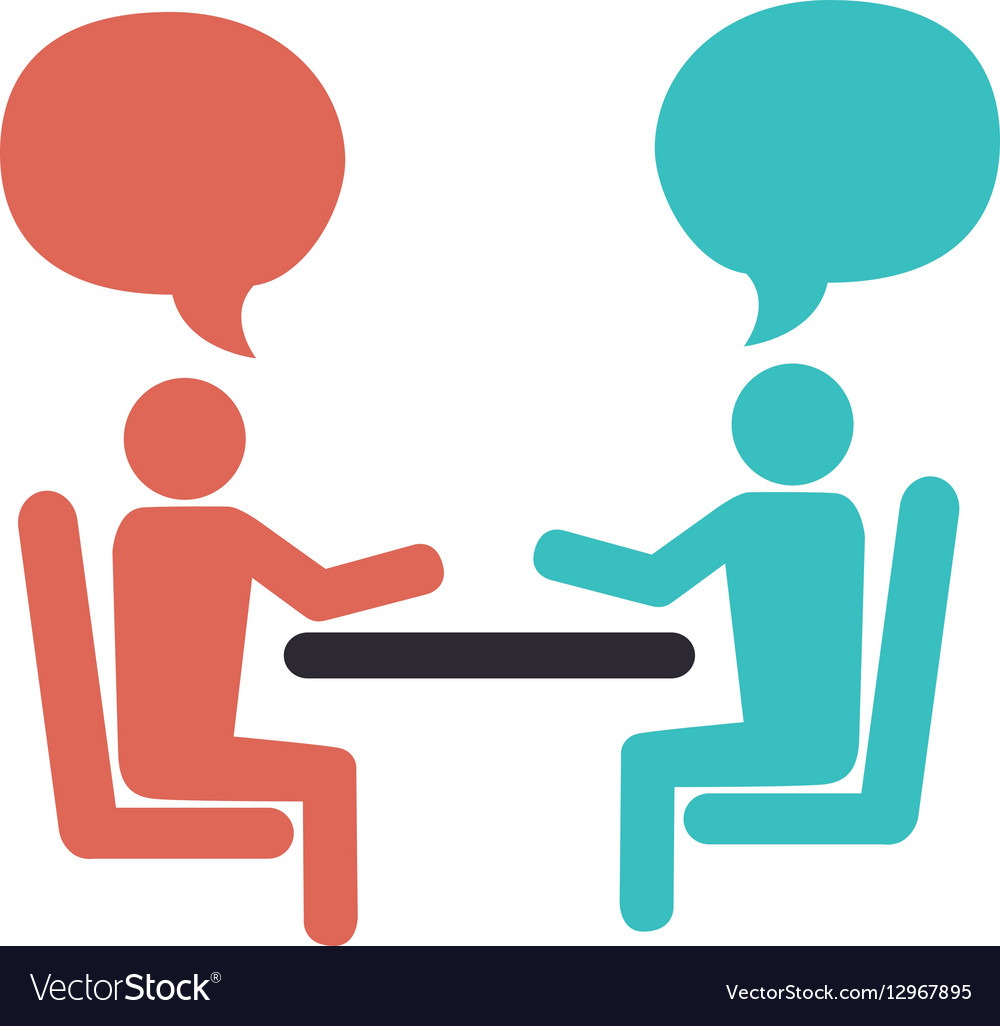 Clipart showing 2 people sitting at a desk with speech bubbles above them