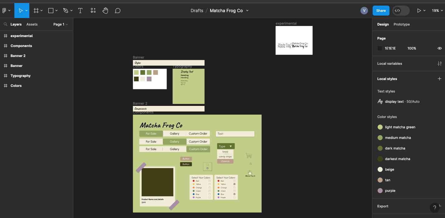 Screenshot of my design system on Figma. One screen shows a pallet of green and brown colors and a handwriting like font. The other screen shows my button and nav bar components