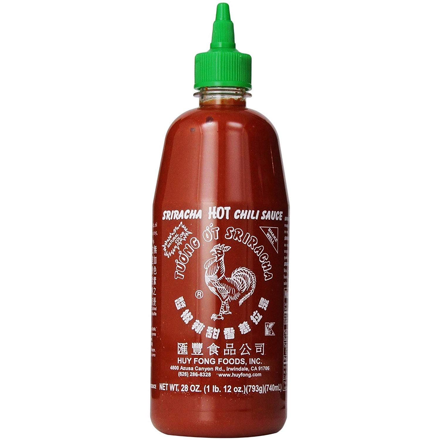A photo of a bottle of sriracha hot chili sauce
