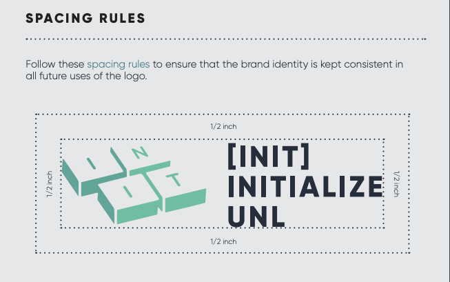 Diagram showing the spacing rules for the INIT logo. Keep a 1/2 inch around the elements for the best look