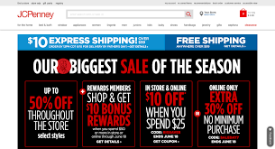 JCPenny website. Features boxes that say variations of: Our biggest sale of the season. Covers the entire homepage.
