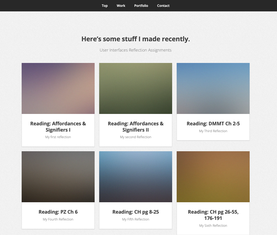 The original layout for the blogposts. Multiple boxes having colored gradients from dark to light. The titles of each box is the pages/chapters read.