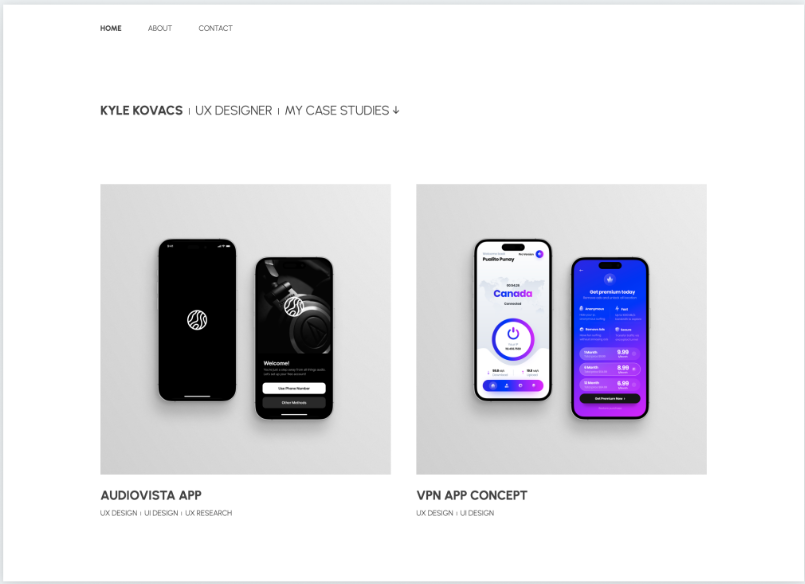 Kyle Kovacs homepage of his portfolio. Features 4 iphones displaying different screens of his Audiovista and vpn app