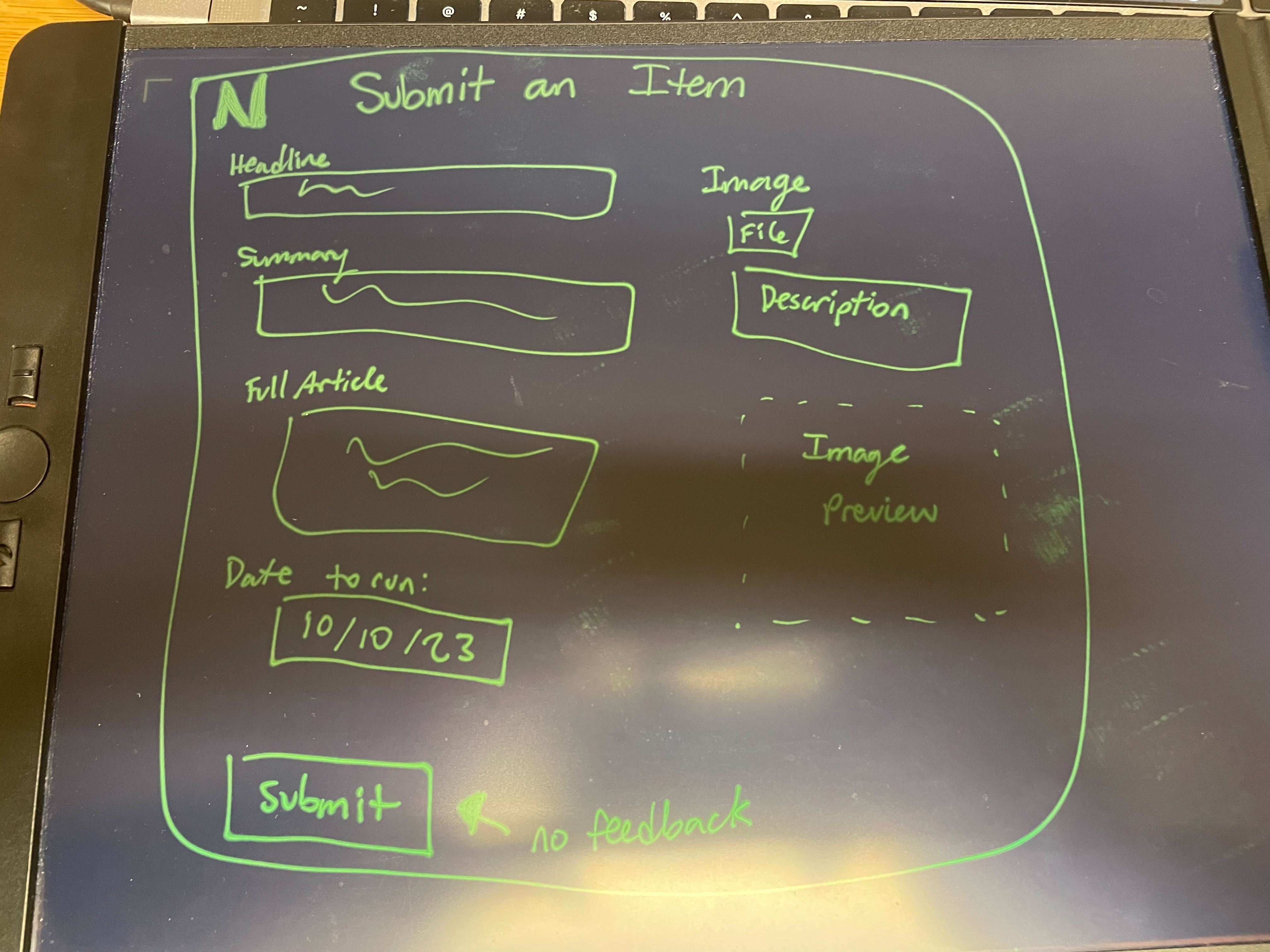 a drawing of the UNL news article submission page. It features text fields that say: Headline, summary, full article, date to run, and image.