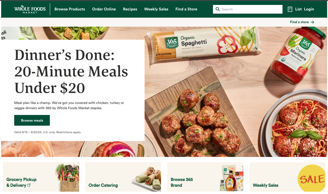 The front page of the Whole Foods website. Shows a heading advertising 20-minute meals under $20. Features a spread of pasta ingredients.
